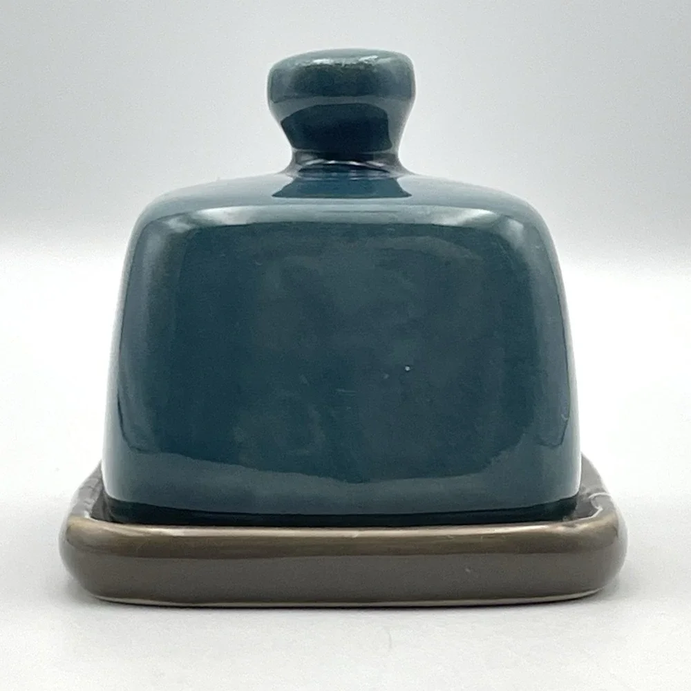 Threshold Mini Teal Blue Stoneware Covered Butter Dish Gray Tray Lid 4